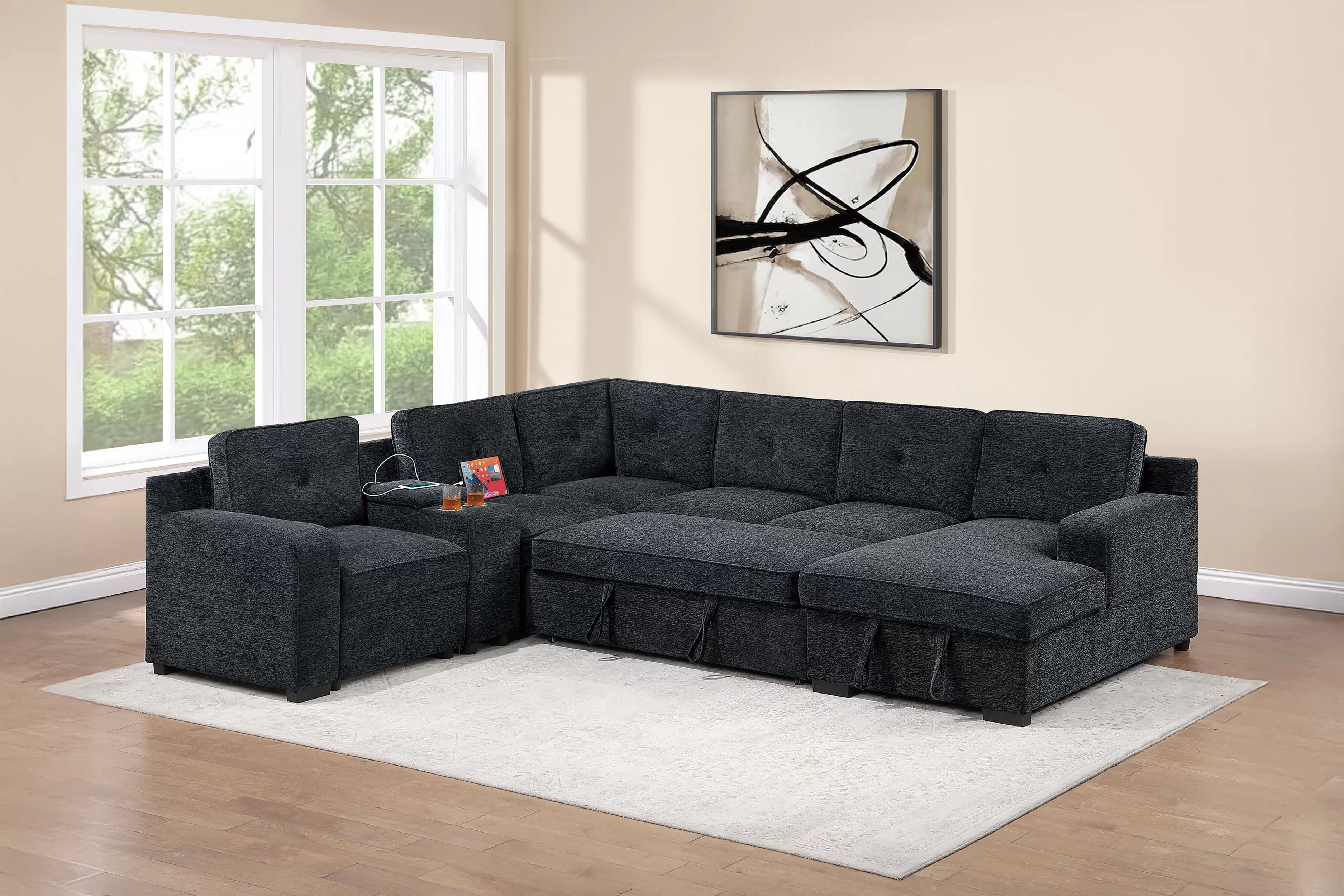 Poundex F7127 4 pc black chenille fabric upholstered sectional sofa with USB pop up sleeper storage chaise