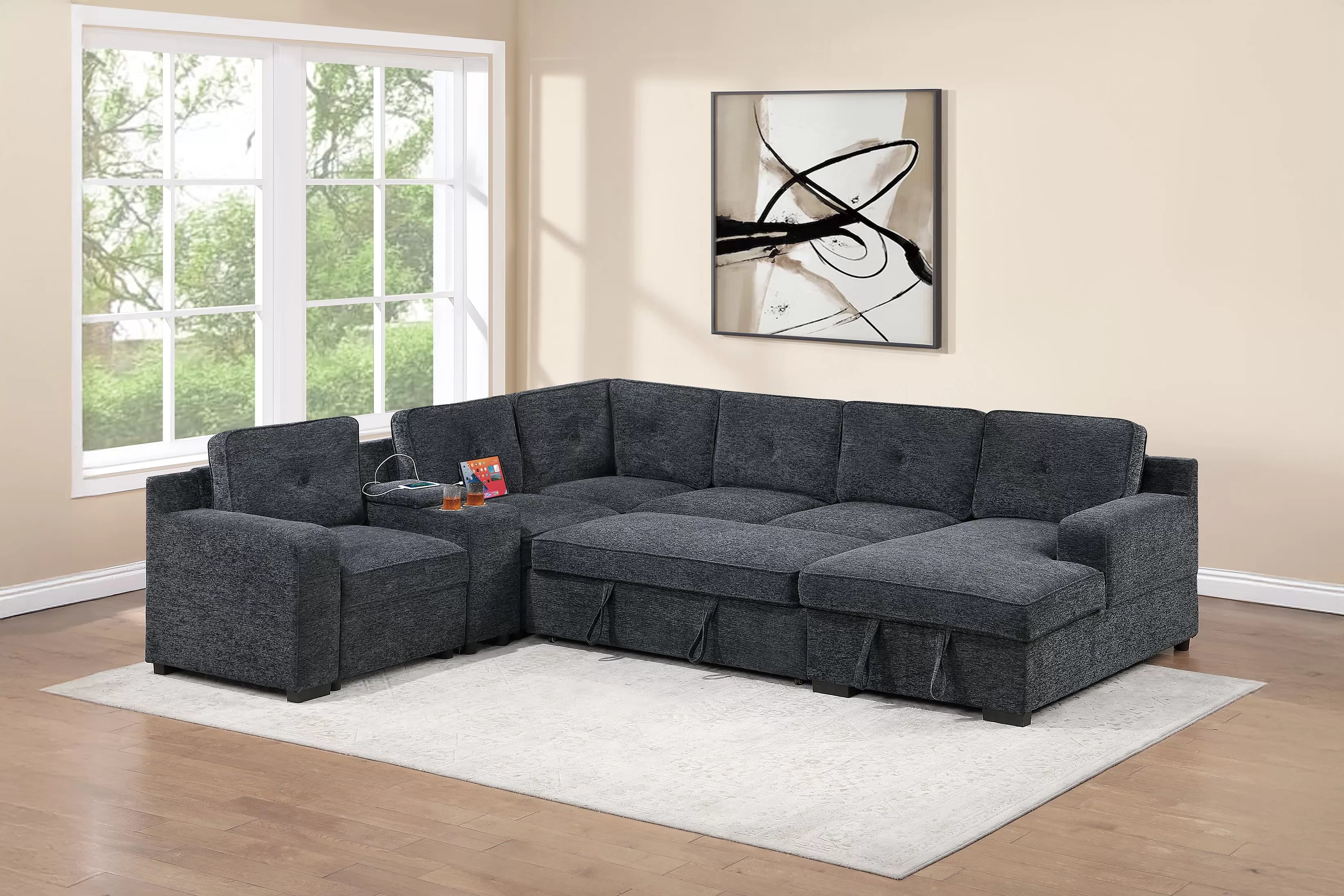 Poundex F7128 4 pc grey chenille fabric upholstered sectional sofa with USB pop up sleeper storage chaise