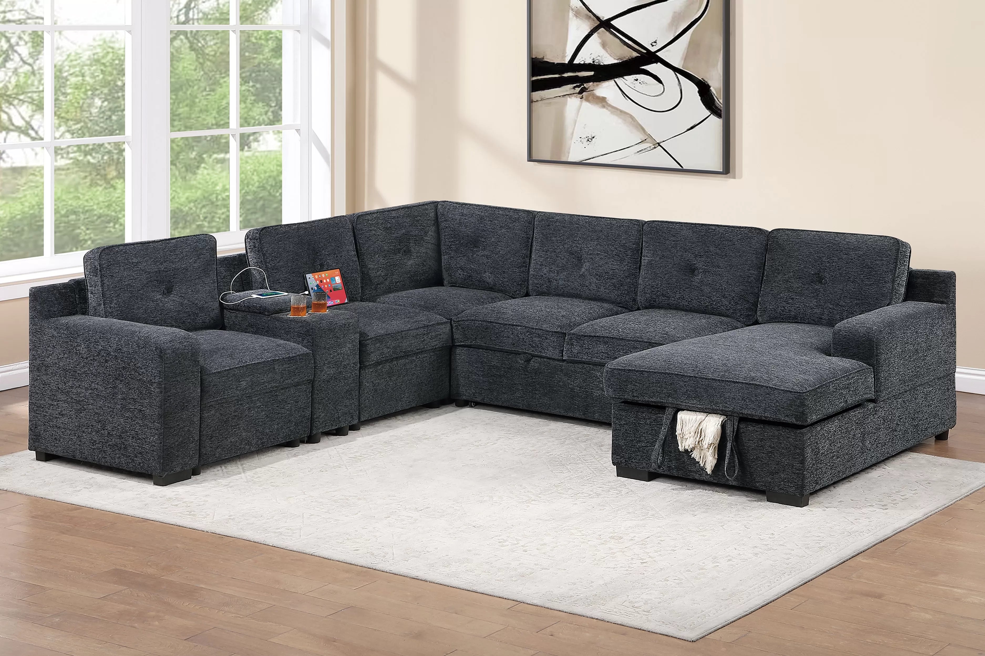 Poundex F7128 4 pc grey chenille fabric upholstered sectional sofa with USB pop up sleeper storage chaise