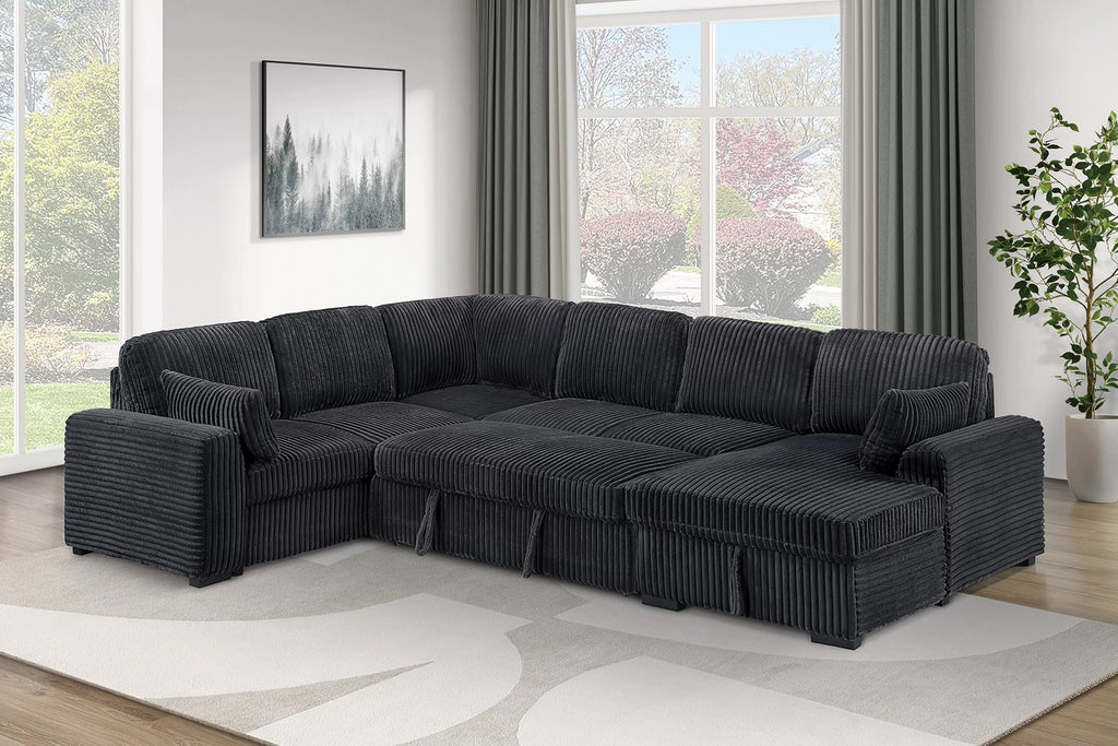 Poundex F7131 4 pc Black fur like corduroy fabric sectional sofa with pop up sleeper storage chaise