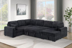 Poundex F7131 4 pc Black fur like corduroy fabric sectional sofa with pop up sleeper storage chaise