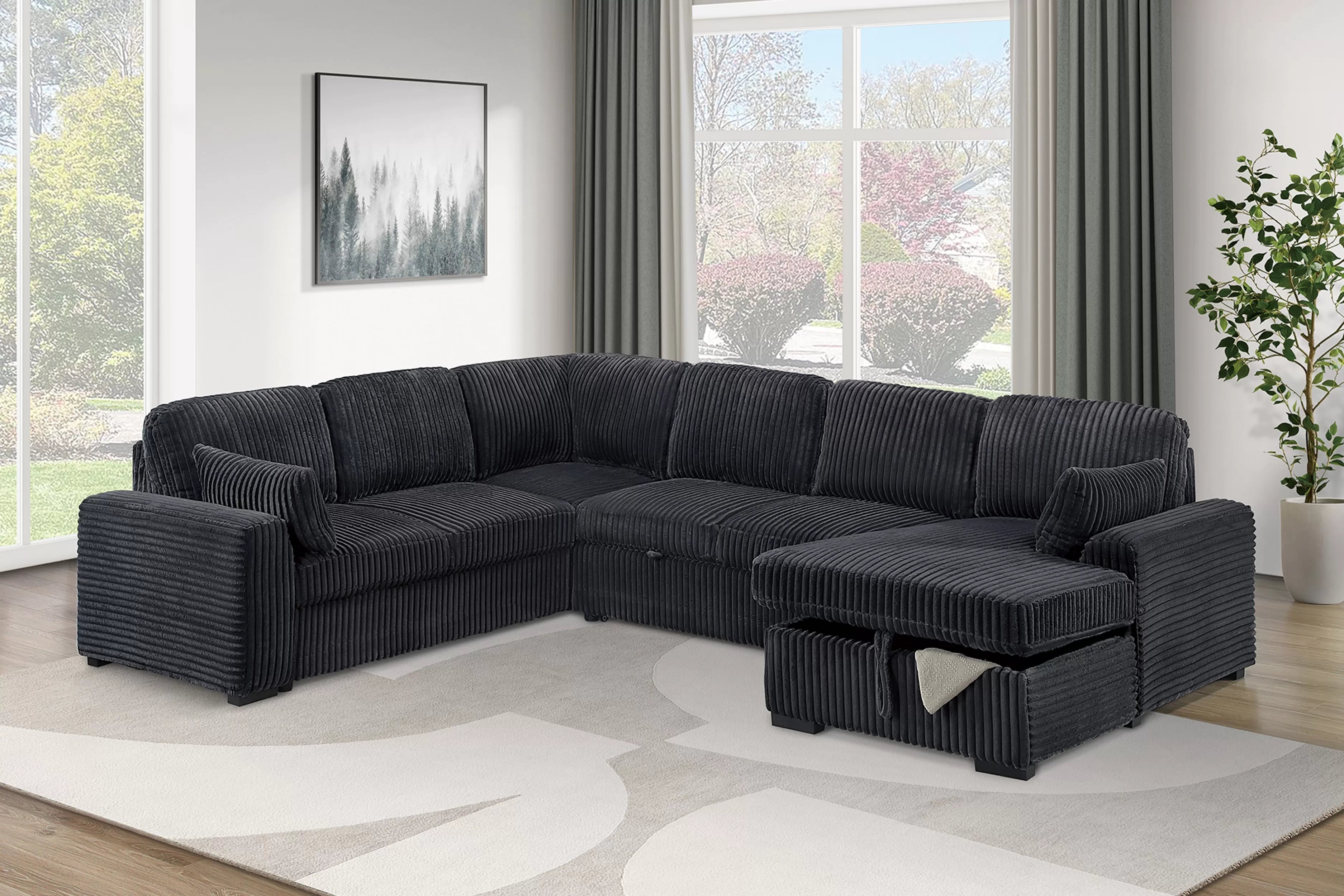 Poundex F7131 4 pc Black fur like corduroy fabric sectional sofa with pop up sleeper storage chaise