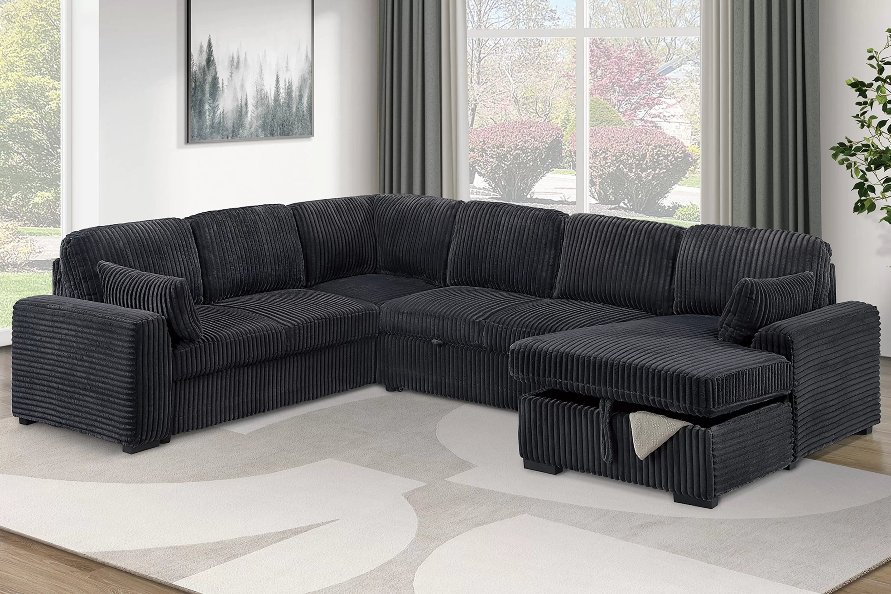 Poundex F7131 4 pc Black fur like corduroy fabric sectional sofa with pop up sleeper storage chaise