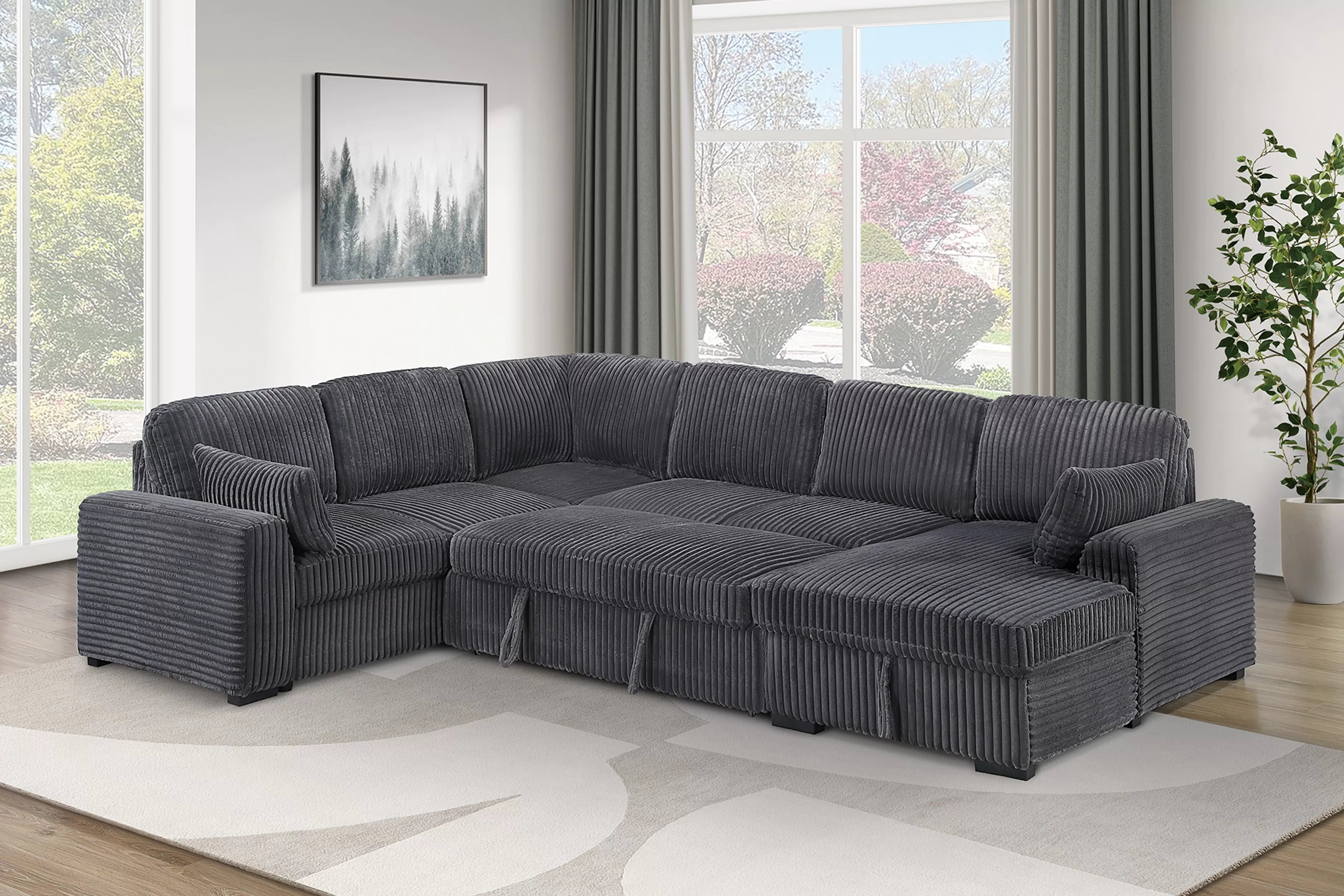 Poundex F7132 4 pc Grey fur like corduroy fabric sectional sofa with pop up sleeper storage chaise