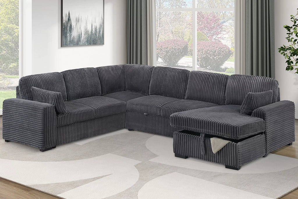 Poundex F7132 4 pc Grey fur like corduroy fabric sectional sofa with pop up sleeper storage chaise