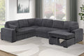 Poundex F7132 4 pc Grey fur like corduroy fabric sectional sofa with pop up sleeper storage chaise