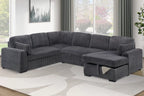Poundex F7132 4 pc Grey fur like corduroy fabric sectional sofa with pop up sleeper storage chaise