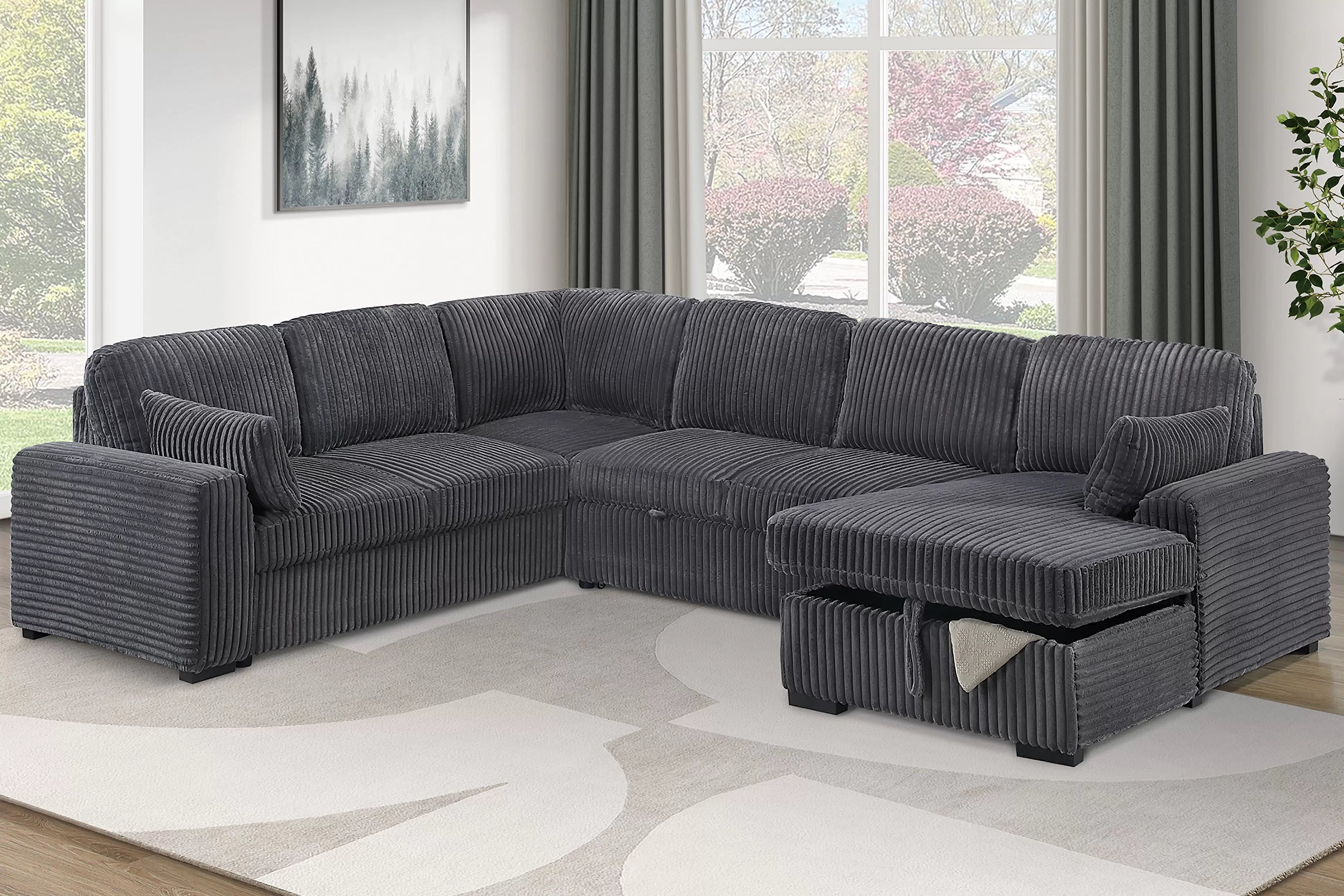 Poundex F7132 4 pc Grey fur like corduroy fabric sectional sofa with pop up sleeper storage chaise