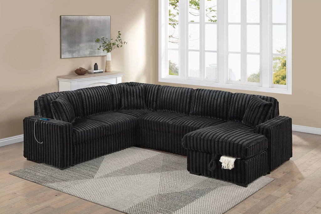 Poundex F7133 4 pc Onyx black fur like corduroy fabric sectional sofa with pop up sleeper storage chaise USB