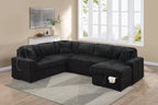 Poundex F7133 4 pc Onyx black fur like corduroy fabric sectional sofa with pop up sleeper storage chaise USB