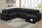 Poundex F7133 4 pc Onyx black fur like corduroy fabric sectional sofa with pop up sleeper storage chaise USB