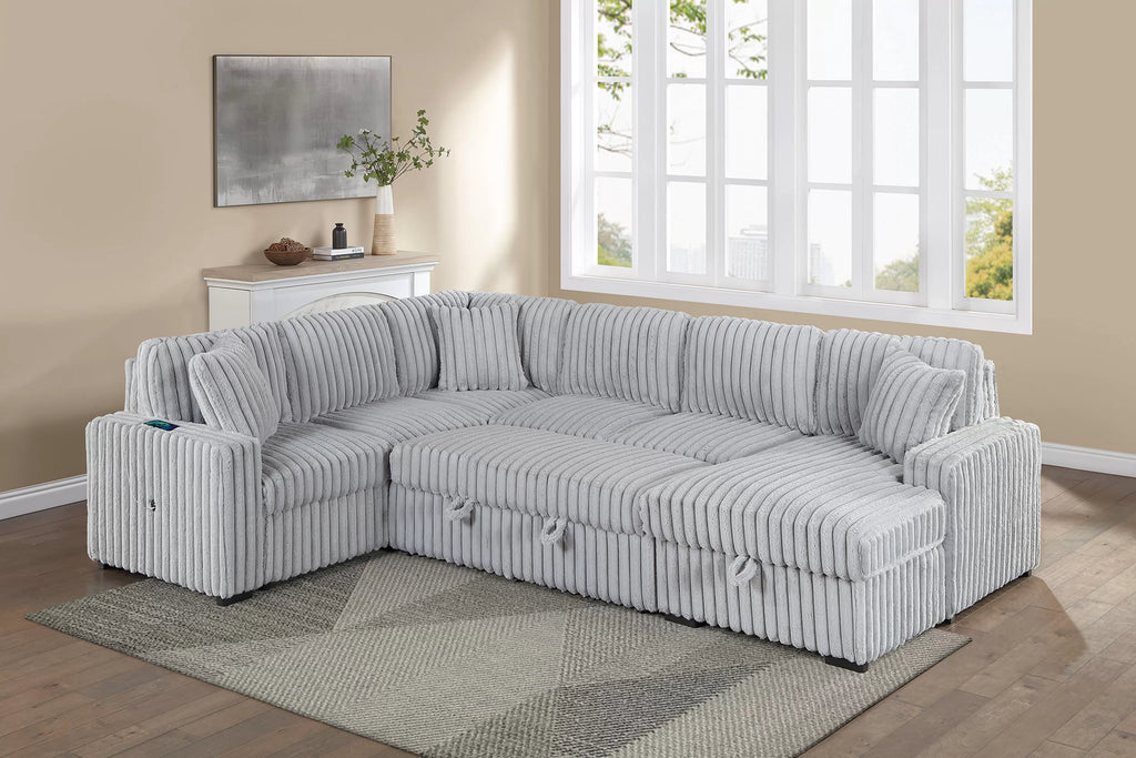 Poundex F7134 4 pc Mink grey fur like corduroy fabric sectional sofa with pop up sleeper storage chaise USB