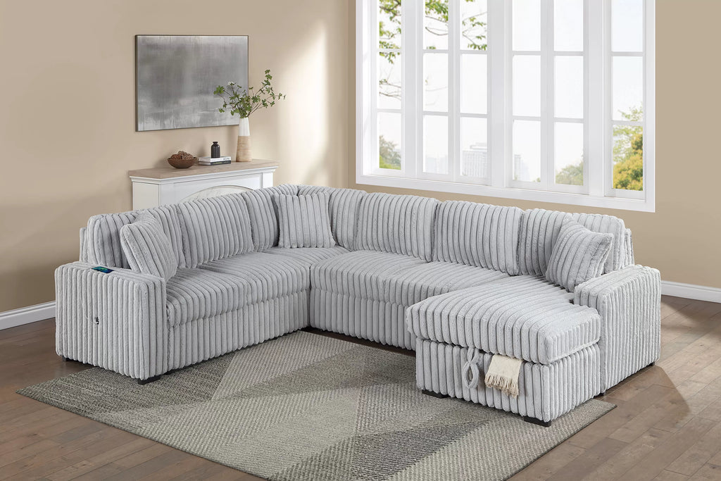 Poundex F7134 4 pc Mink grey fur like corduroy fabric sectional sofa with pop up sleeper storage chaise USB