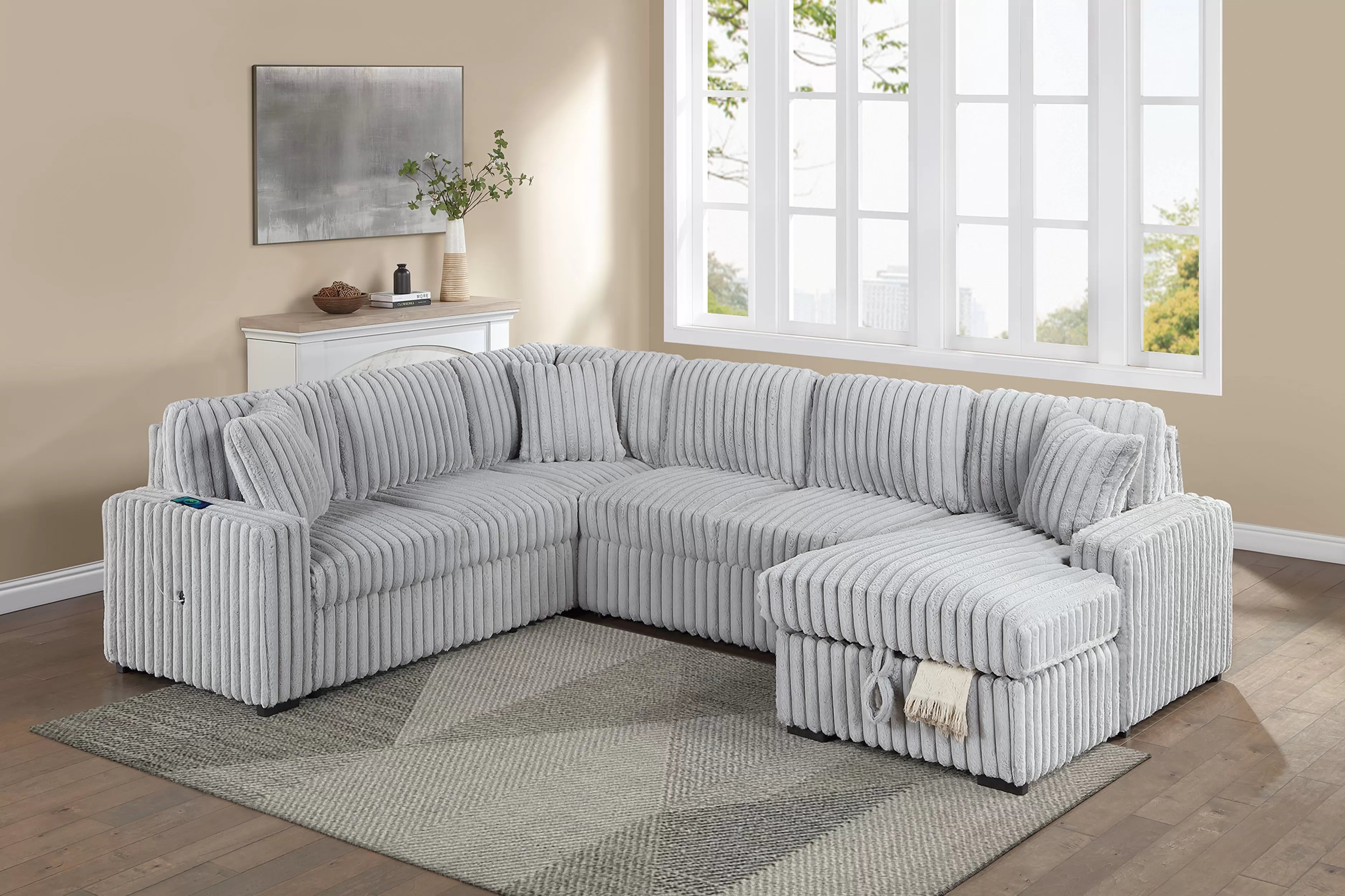 Poundex F7134 4 pc Mink grey fur like corduroy fabric sectional sofa with pop up sleeper storage chaise USB