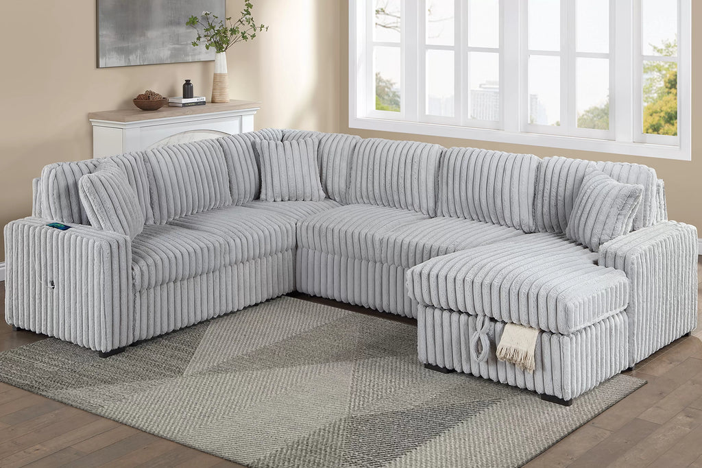 Poundex F7134 4 pc Mink grey fur like corduroy fabric sectional sofa with pop up sleeper storage chaise USB