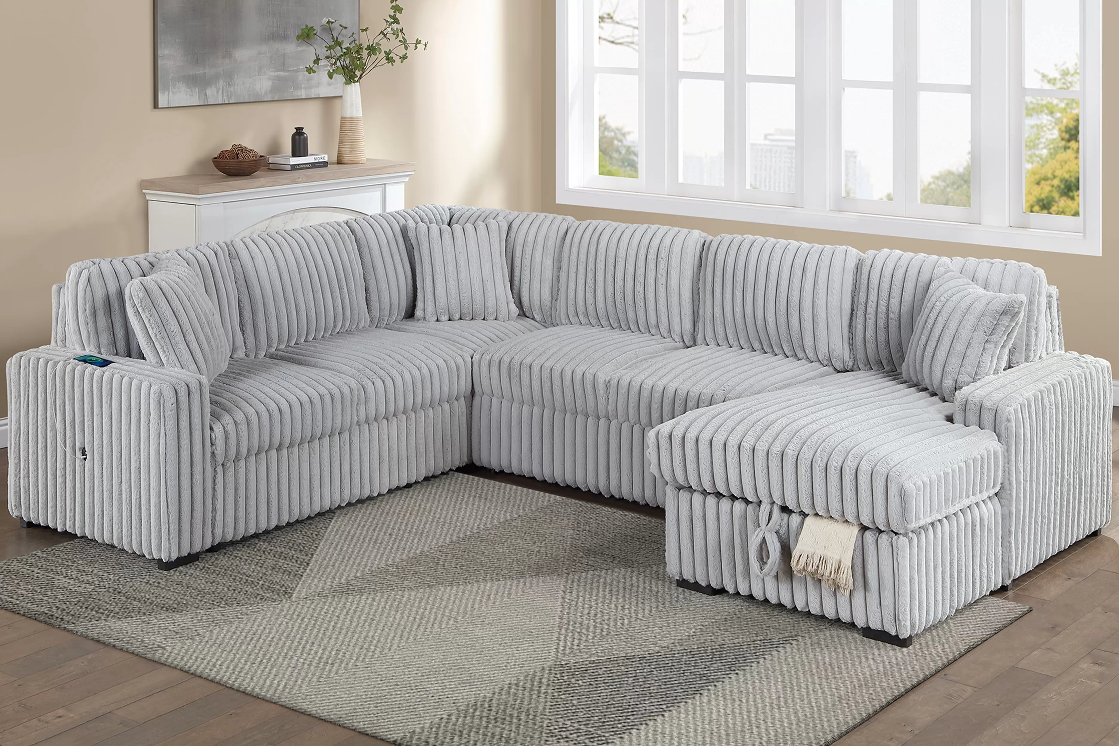 Poundex F7134 4 pc Mink grey fur like corduroy fabric sectional sofa with pop up sleeper storage chaise USB
