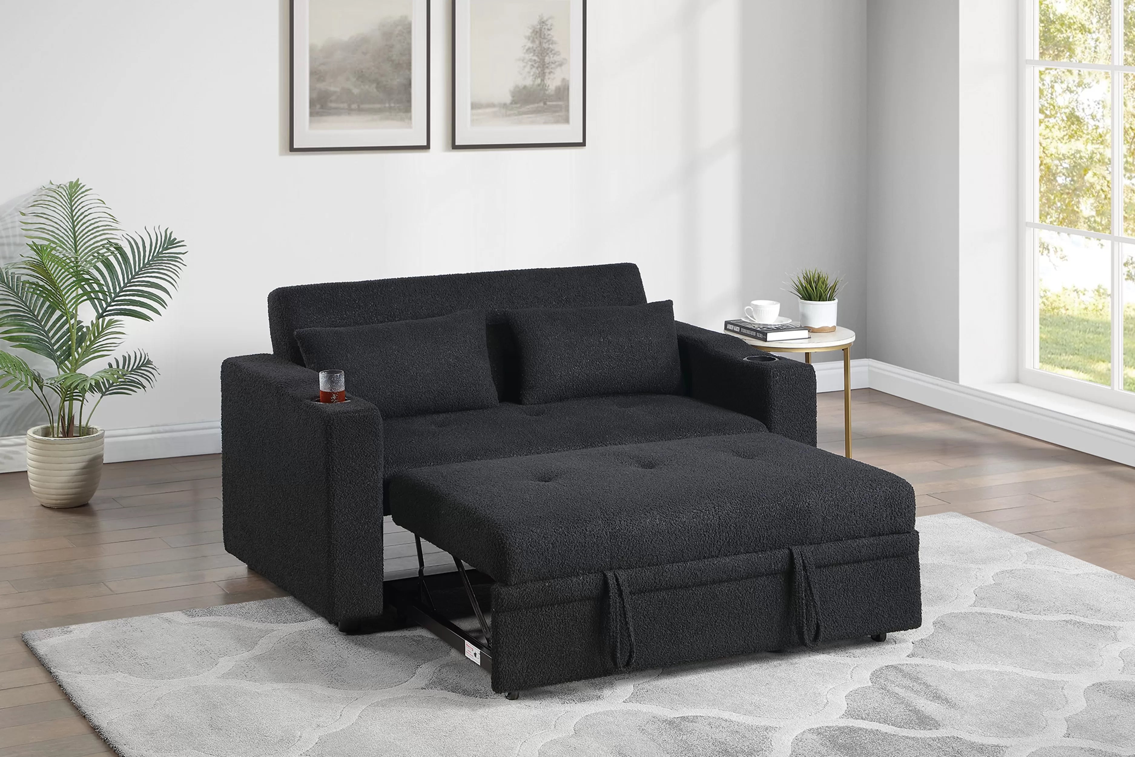 Poundex F7135 Black sherpa fabric sofa set pull out sleep area folding back cup holders in arms