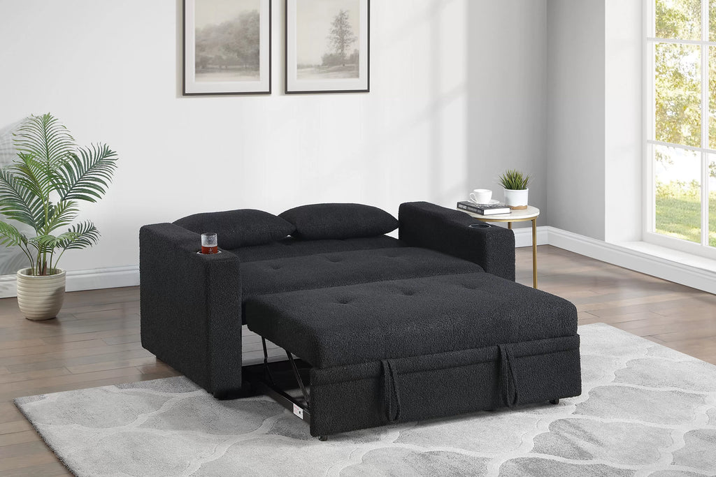 Poundex F7135 Black sherpa fabric sofa set pull out sleep area folding back cup holders in arms