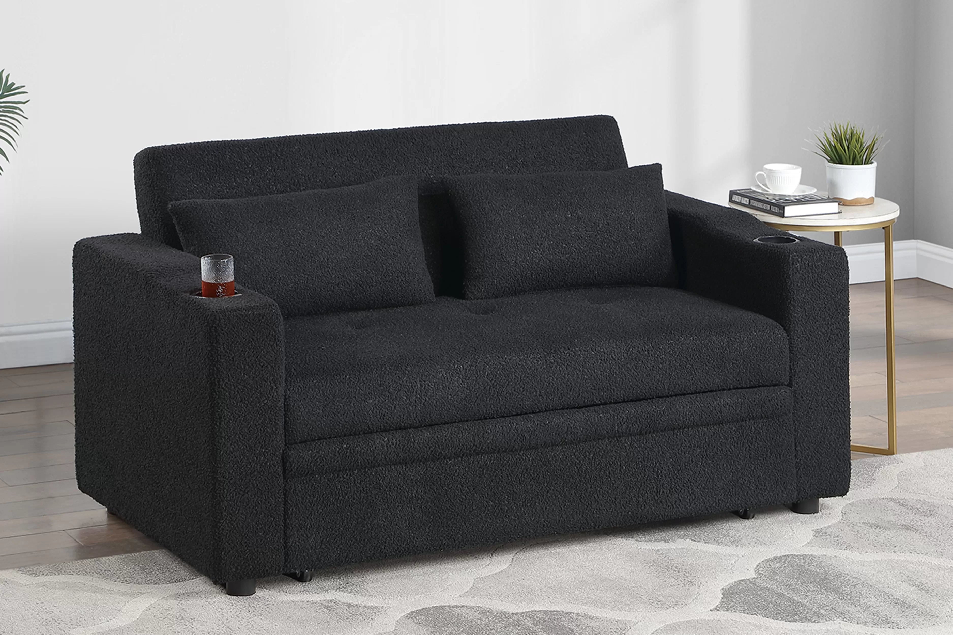 Poundex F7135 Black sherpa fabric sofa set pull out sleep area folding back cup holders in arms