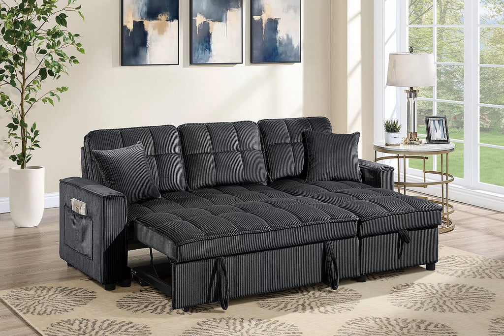 Poundex F7471 2 pc Black corduroy fabric sectional sofa set pull out sleep area pop up reversible storage chaise