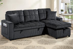 Poundex F7471 2 pc Black corduroy fabric sectional sofa set pull out sleep area pop up reversible storage chaise