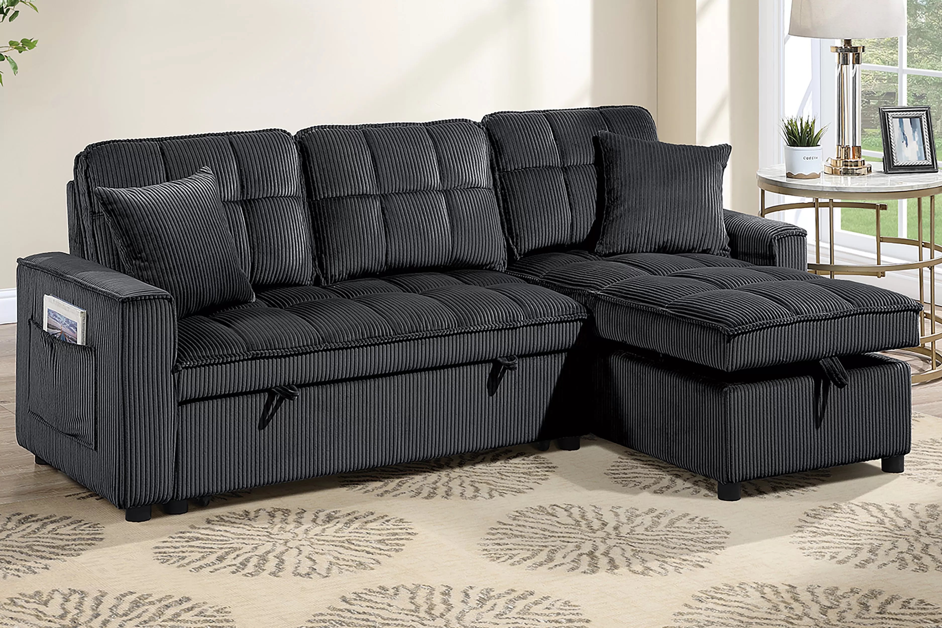 Poundex F7471 2 pc Black corduroy fabric sectional sofa set pull out sleep area pop up reversible storage chaise