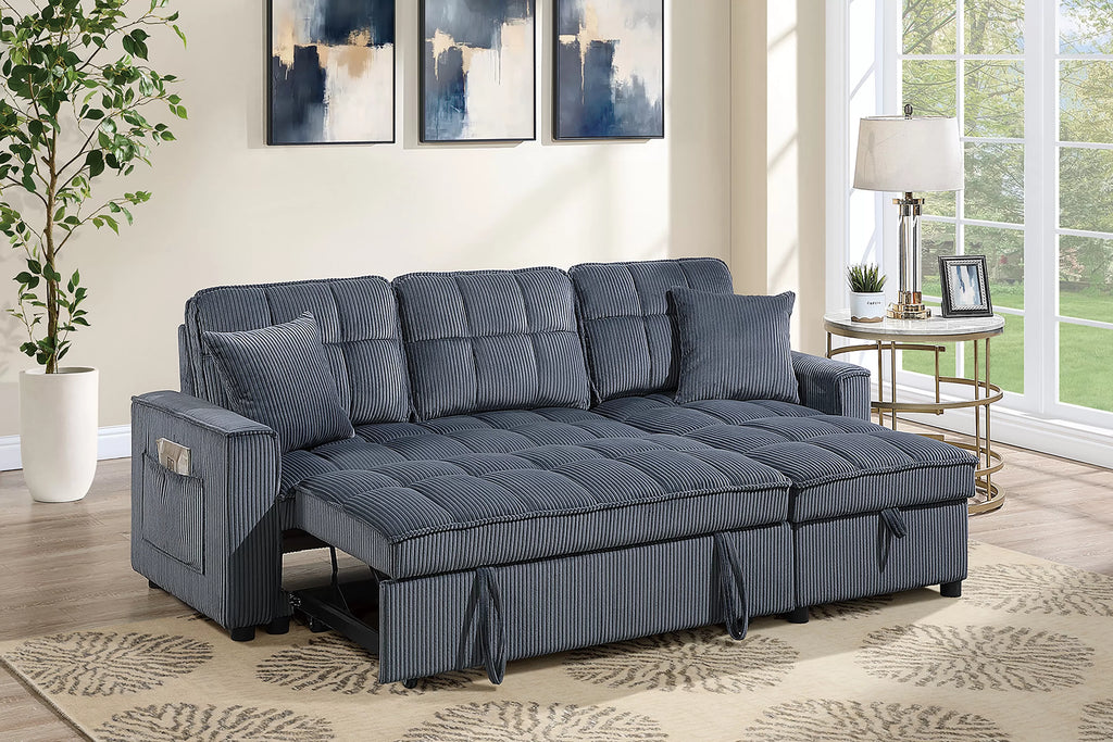 Poundex F7472 2 pc Dark grey corduroy fabric sectional sofa set pull out sleep area pop up reversible storage chaise