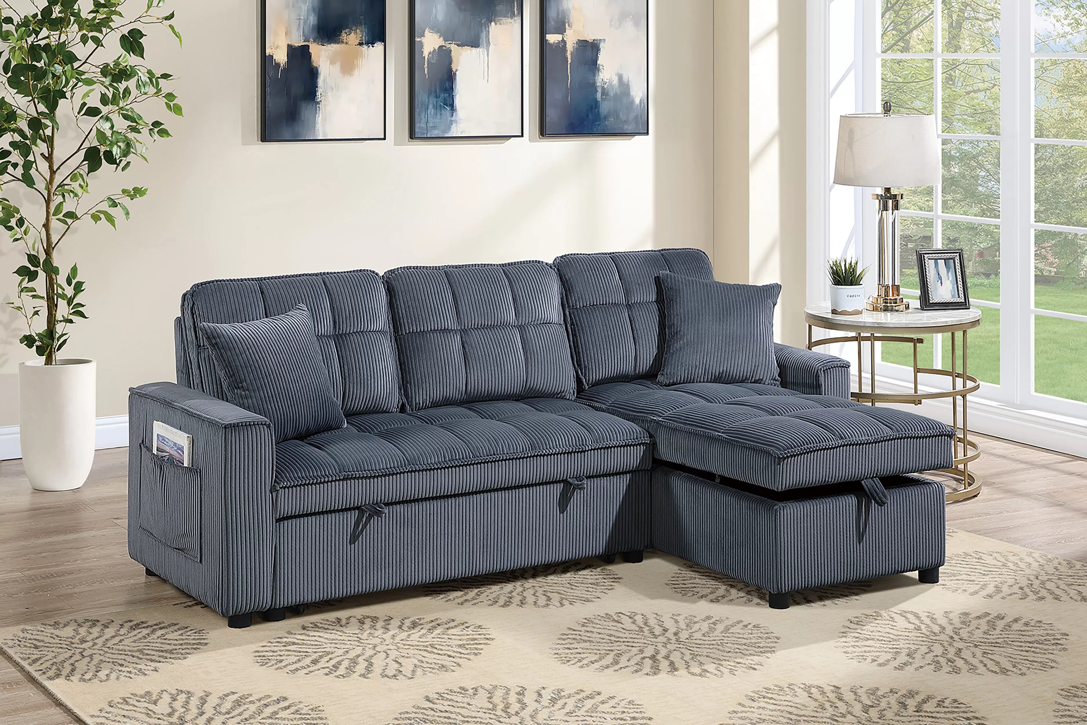 Poundex F7472 2 pc Dark grey corduroy fabric sectional sofa set pull out sleep area pop up reversible storage chaise