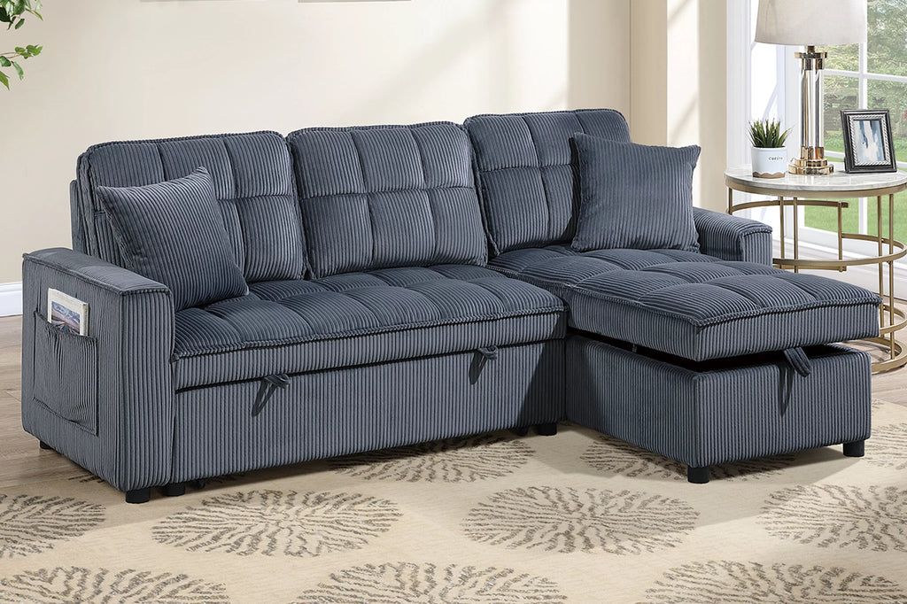 Poundex F7472 2 pc Dark grey corduroy fabric sectional sofa set pull out sleep area pop up reversible storage chaise