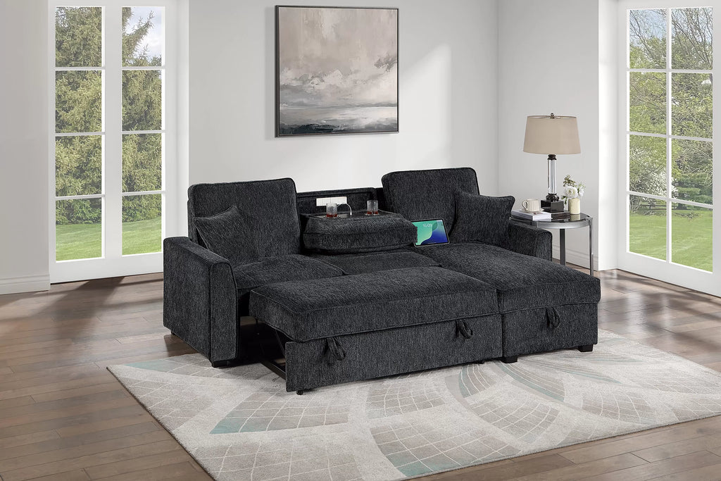 Poundex F7473 2 pc Black chenille fabric sectional sofa set pull out sleep area pop up reversible storage chaise drop down tray table back