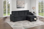 Poundex F7473 2 pc Black chenille fabric sectional sofa set pull out sleep area pop up reversible storage chaise drop down tray table back