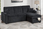 Poundex F7473 2 pc Black chenille fabric sectional sofa set pull out sleep area pop up reversible storage chaise drop down tray table back