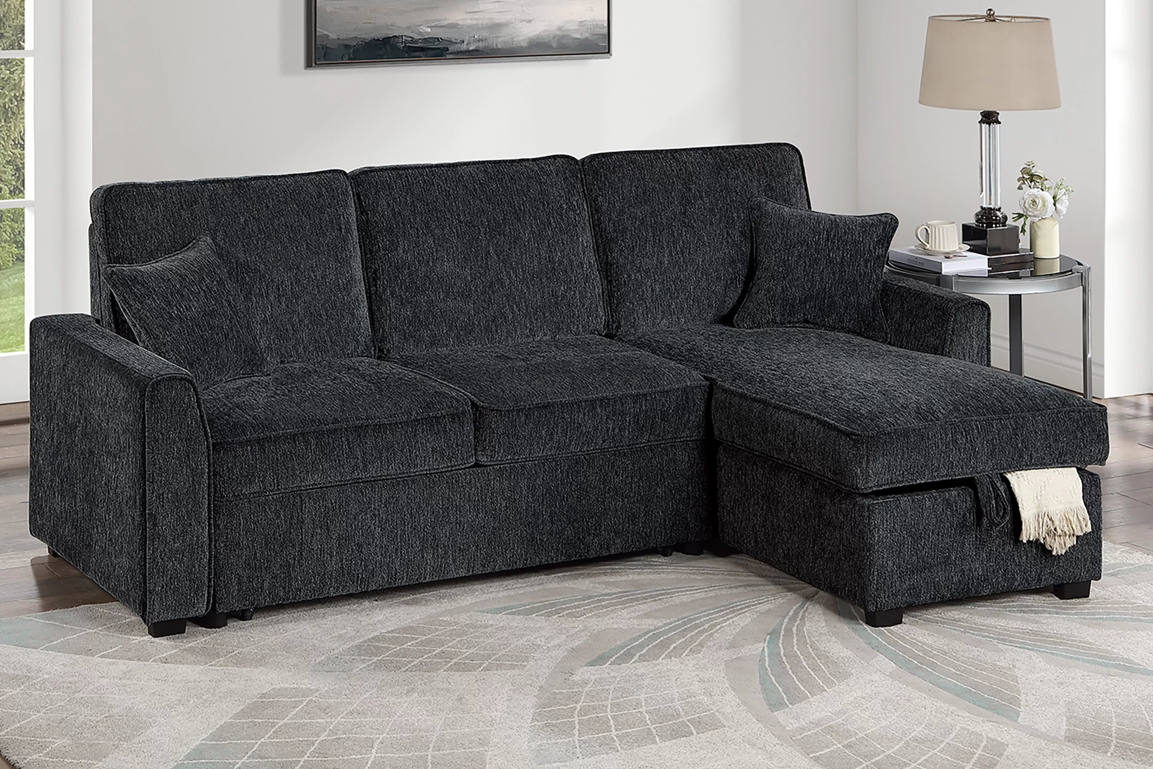 Poundex F7473 2 pc Black chenille fabric sectional sofa set pull out sleep area pop up reversible storage chaise drop down tray table back