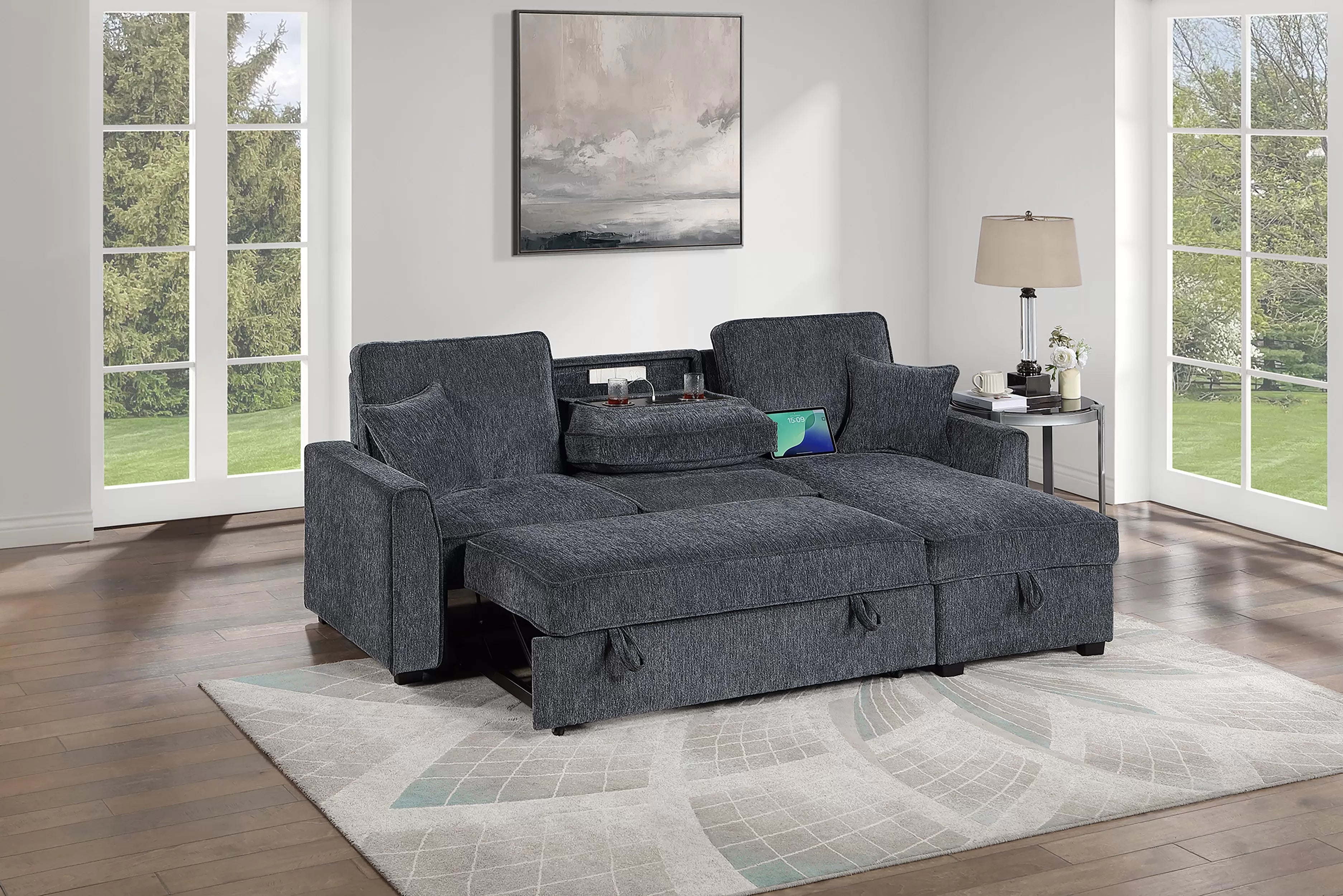 Poundex F7474 2 pc Gunmetal chenille fabric sectional sofa set pull out sleep area pop up reversible storage chaise drop down tray table back