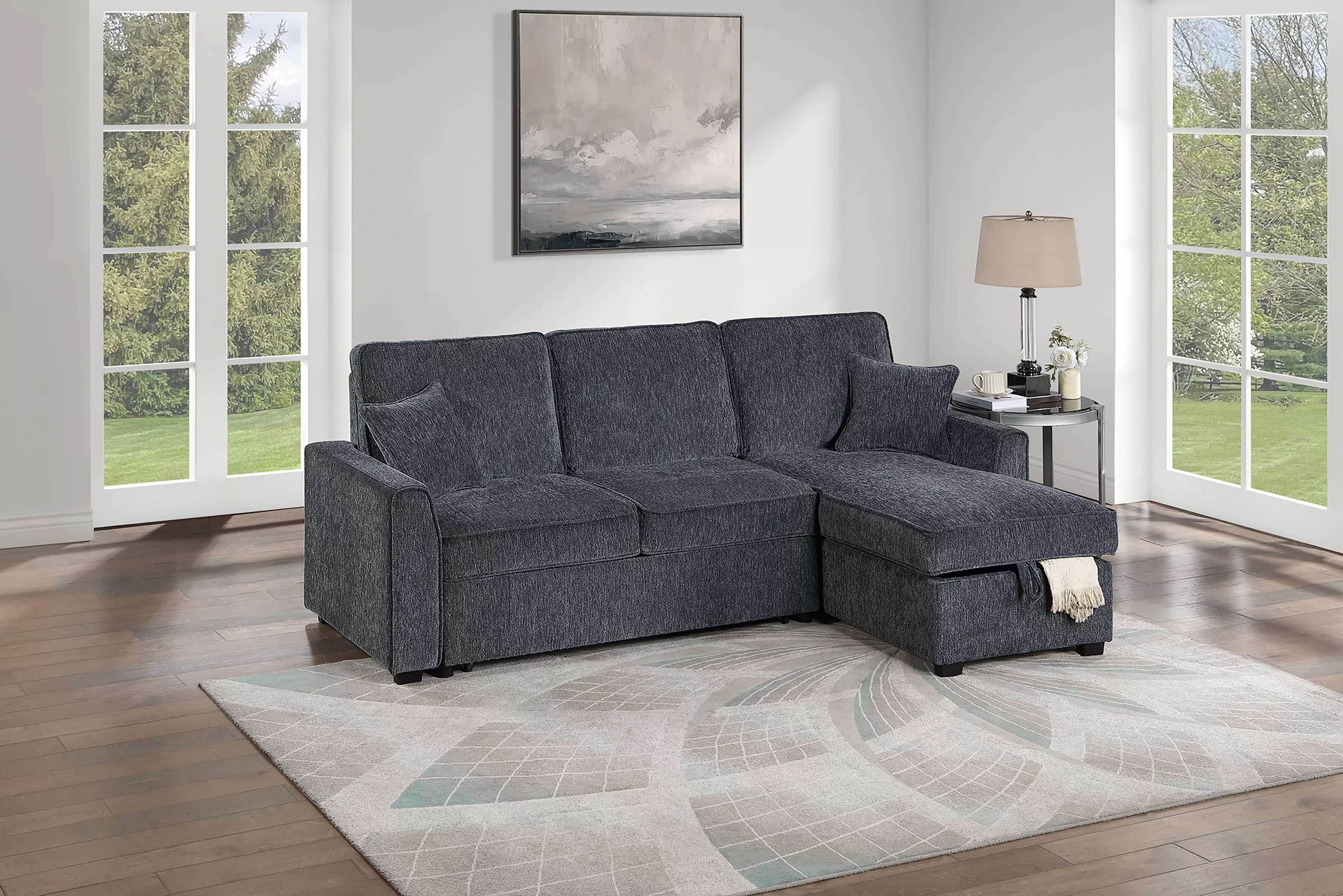 Poundex F7474 2 pc Gunmetal chenille fabric sectional sofa set pull out sleep area pop up reversible storage chaise drop down tray table back