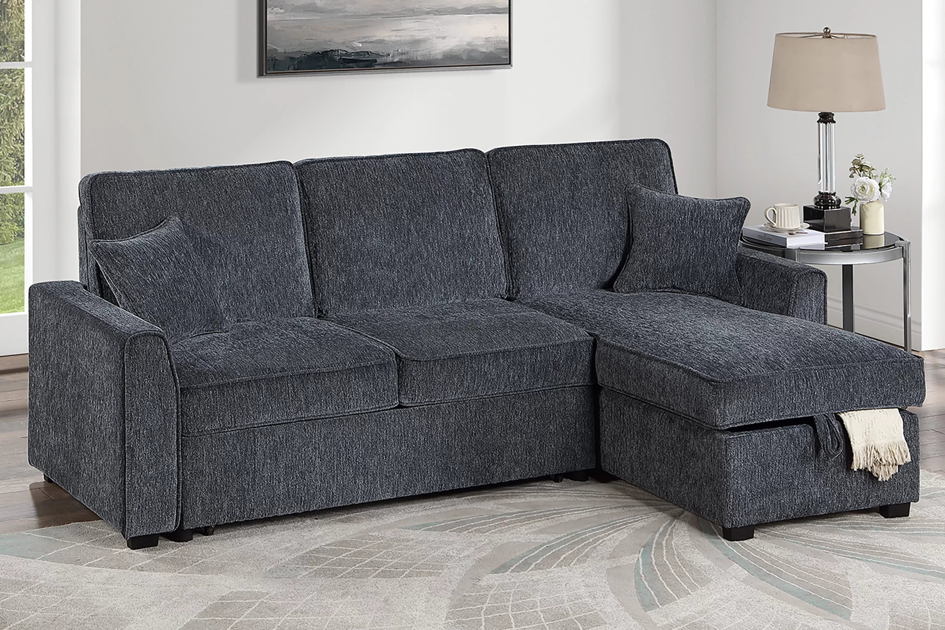 Poundex F7474 2 pc Gunmetal chenille fabric sectional sofa set pull out sleep area pop up reversible storage chaise drop down tray table back