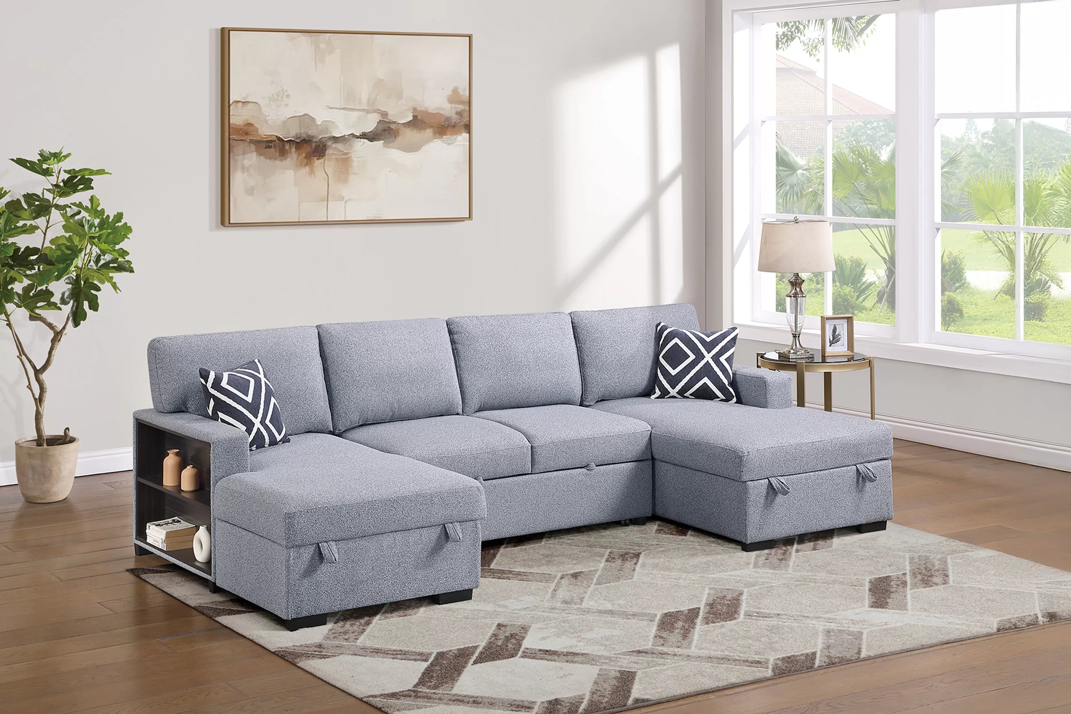 Poundex F7475 3 pc Grey boucle fabric sectional sofa pop up sleep area with double storage chaise storage arms