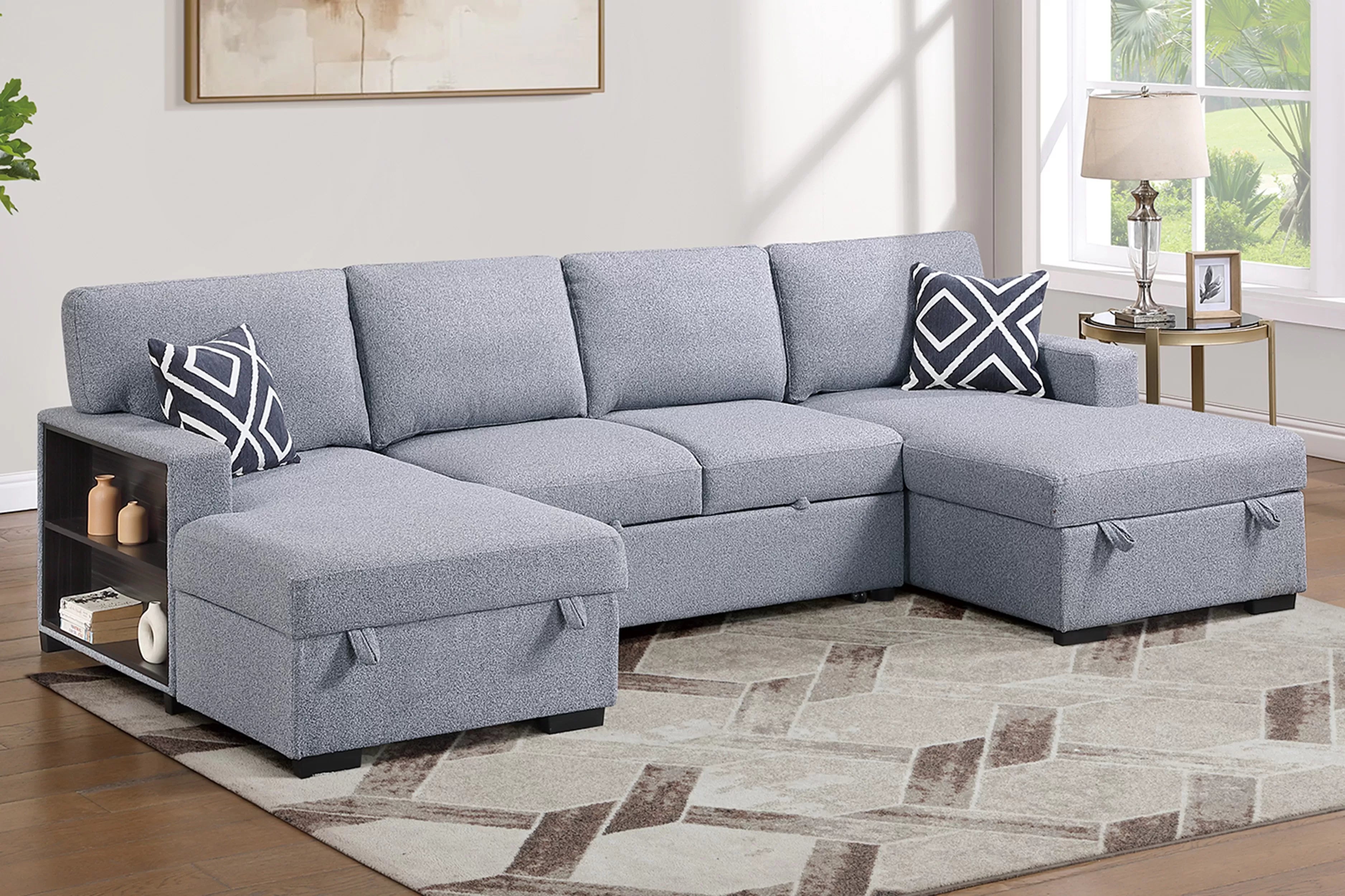 Poundex F7475 3 pc Grey boucle fabric sectional sofa pop up sleep area with double storage chaise storage arms