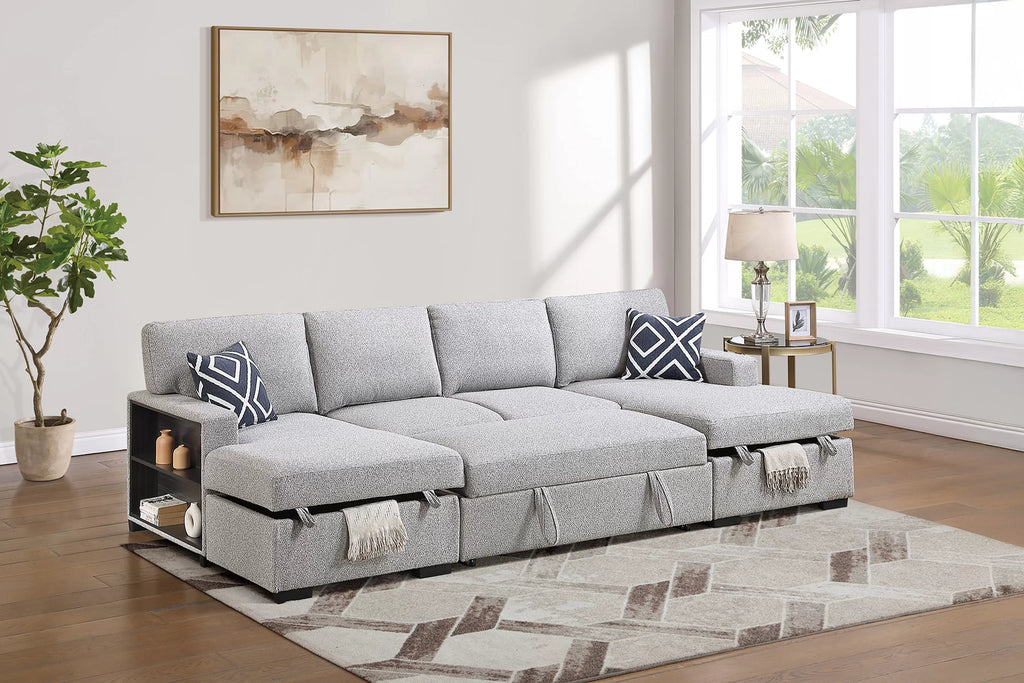 Poundex F7476 3 pc Beige boucle fabric sectional sofa pop up sleep area with double storage chaise storage arms