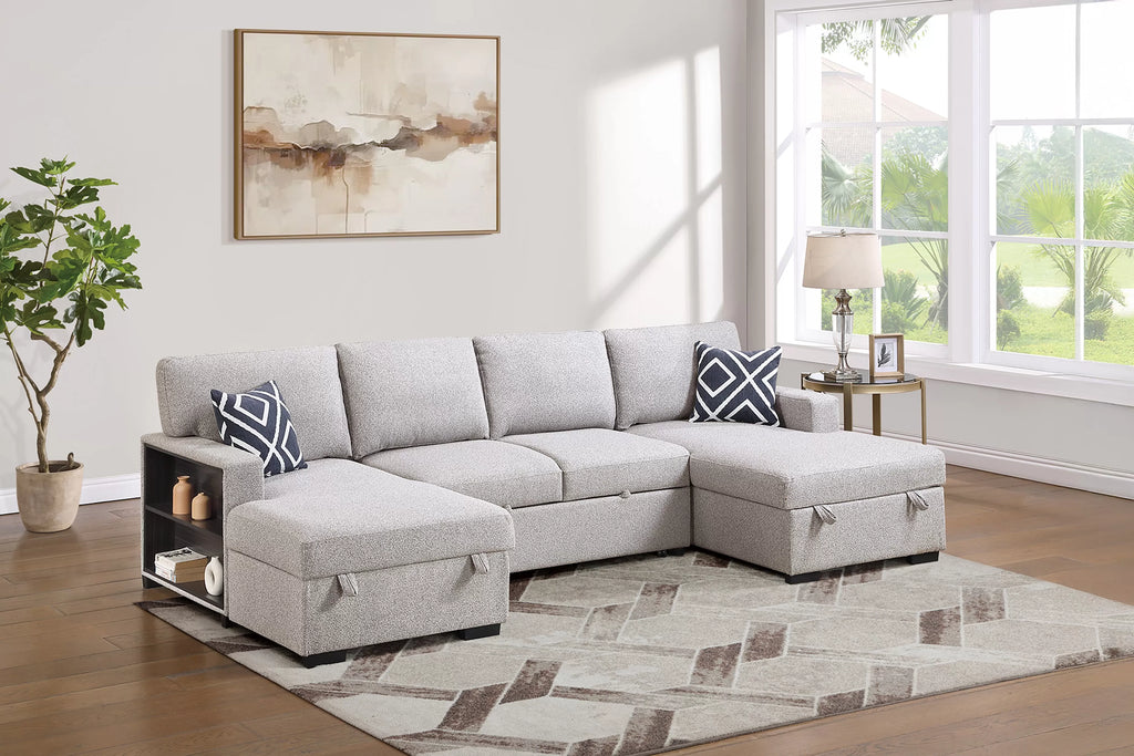 Poundex F7476 3 pc Beige boucle fabric sectional sofa pop up sleep area with double storage chaise storage arms