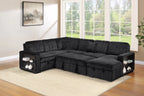 Poundex F7477 4 pc Black fur like corduroy fabric reversible sectional sofa with pop up sleeper storage chaise