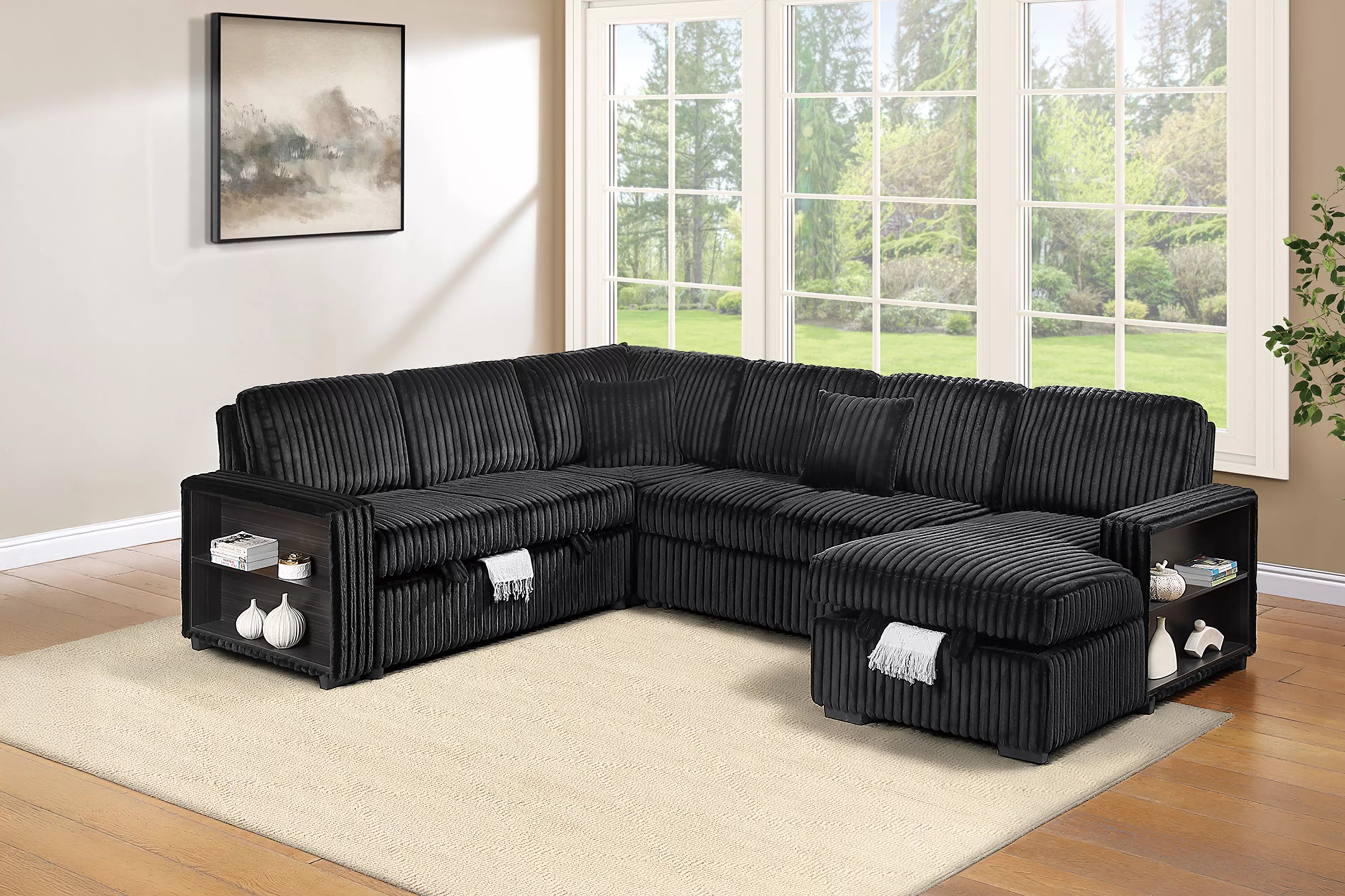 Poundex F7477 4 pc Black fur like corduroy fabric reversible sectional sofa with pop up sleeper storage chaise
