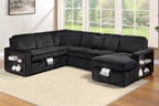 Poundex F7477 4 pc Black fur like corduroy fabric reversible sectional sofa with pop up sleeper storage chaise