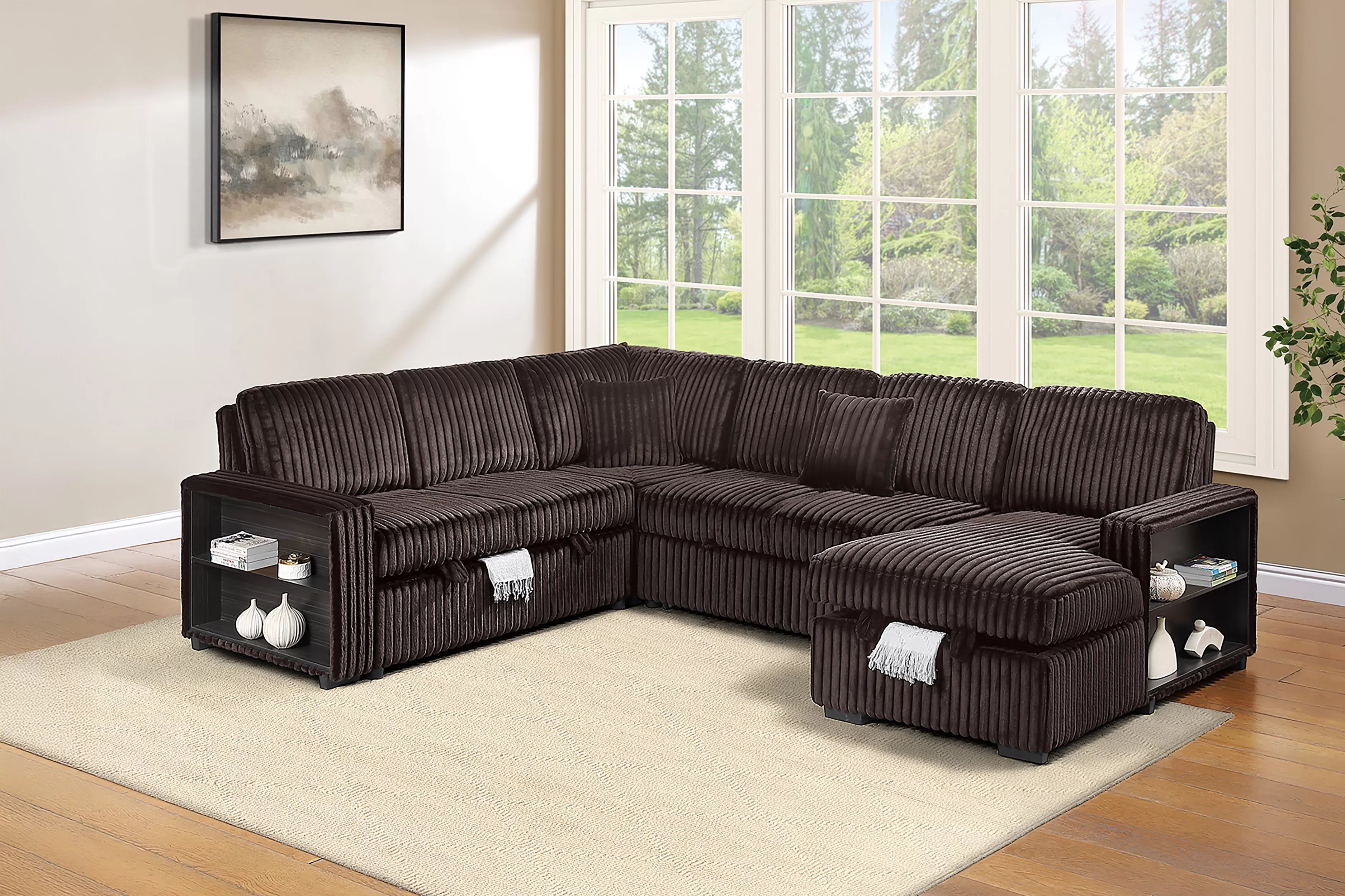 Poundex F7478 4 pc Coffee brown fur like corduroy fabric reversible sectional sofa with pop up sleeper storage chaise