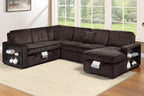 Poundex F7478 4 pc Coffee brown fur like corduroy fabric reversible sectional sofa with pop up sleeper storage chaise