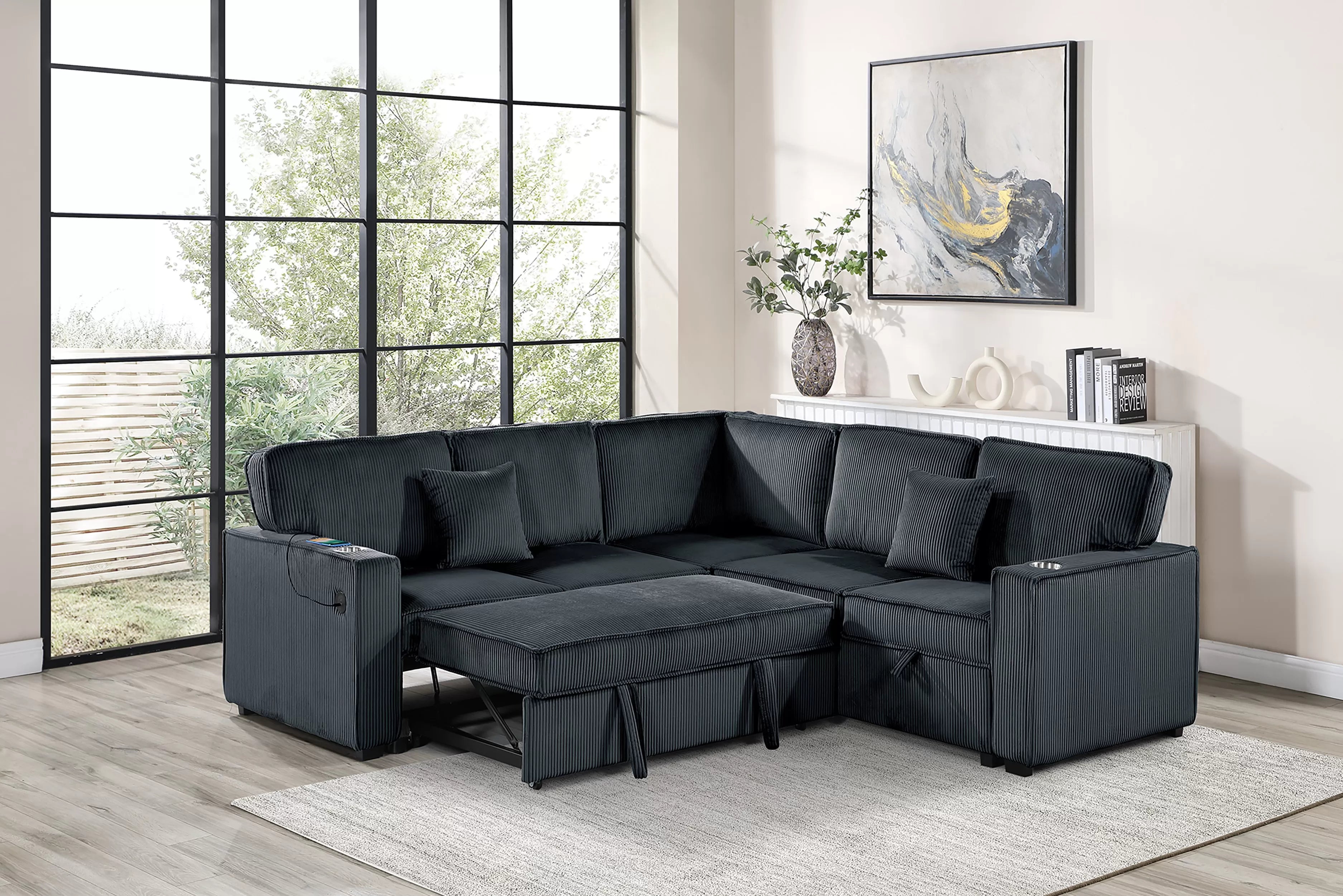Poundex F7479 3 pc black corduroy fabric upholstered sectional sofa with USB pop up sleeper storage