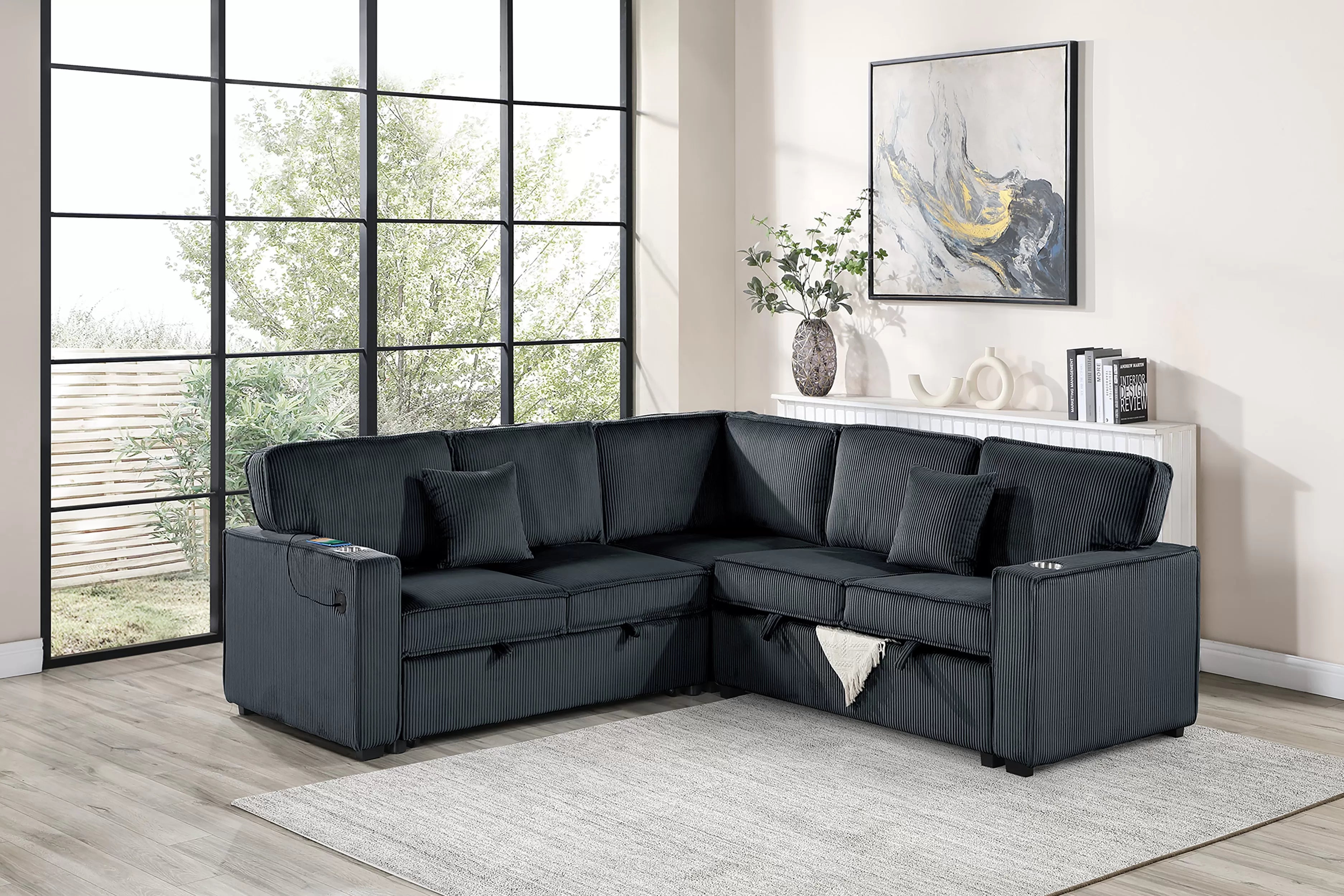 Poundex F7479 3 pc black corduroy fabric upholstered sectional sofa with USB pop up sleeper storage