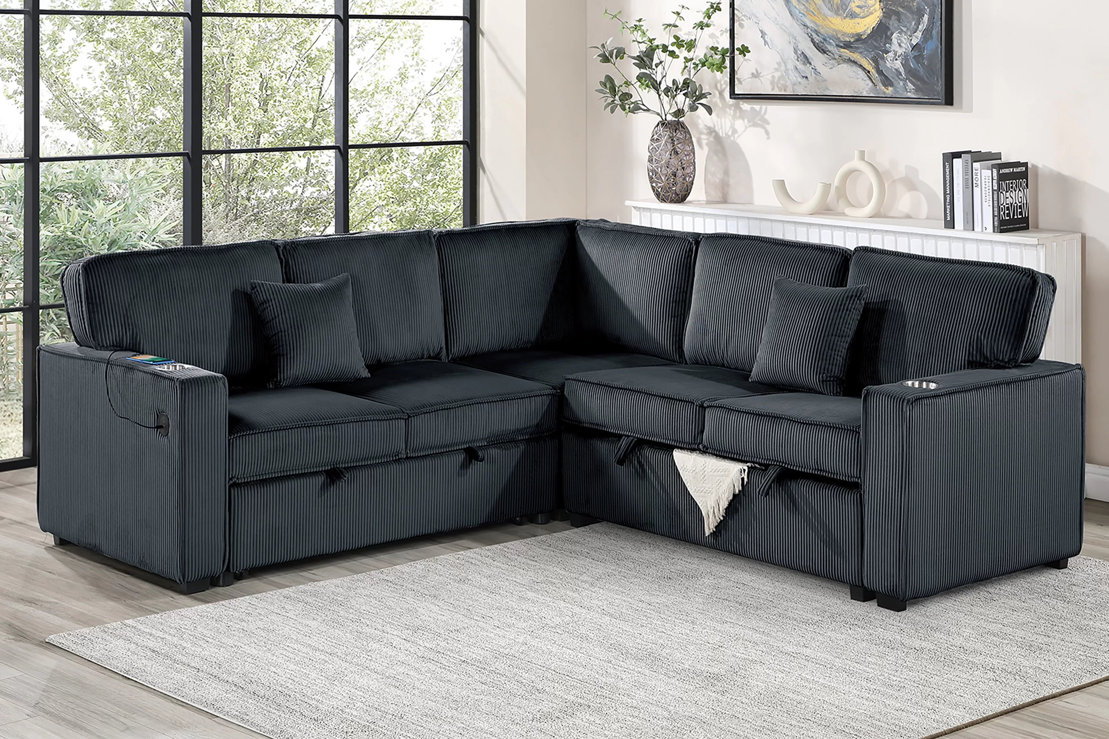 Poundex F7479 3 pc black corduroy fabric upholstered sectional sofa with USB pop up sleeper storage