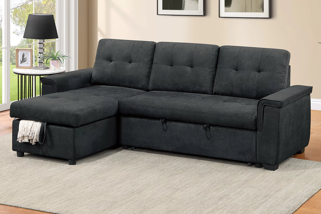 Poundex F7491 2 pc Black tweed like velvet sectional sofa set pull out sleep area pop up reversible storage chaise