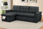 Poundex F7491 2 pc Black tweed like velvet sectional sofa set pull out sleep area pop up reversible storage chaise